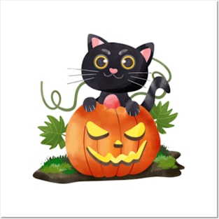 cartoon cute watercolor halloween cat Posters and Art